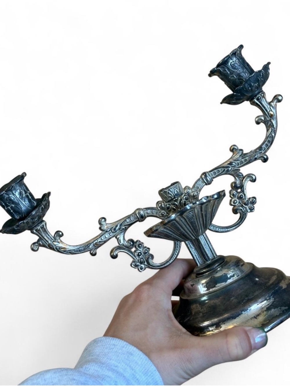 Vintage-Style Silver Metal Candelabra - Elegant 3-Arm Candle Holder